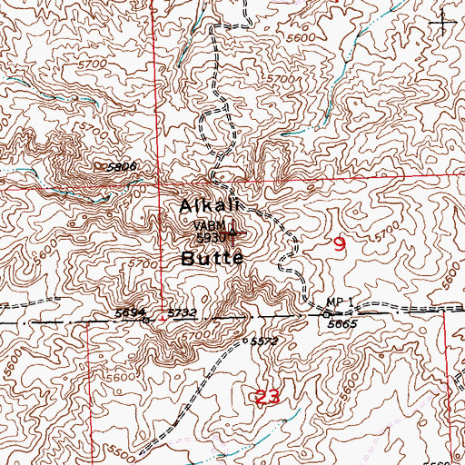 Topographic Map of Alkali Butte, WY