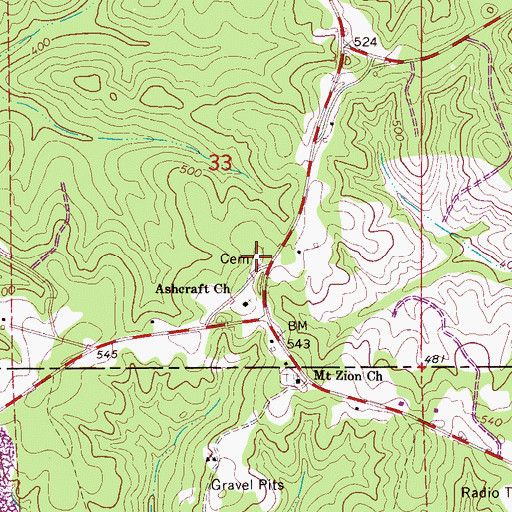Topographic Map of Ashcraft Corner Cemetery, AL