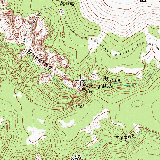 Topographic Map of Bucking Mule Falls, WY