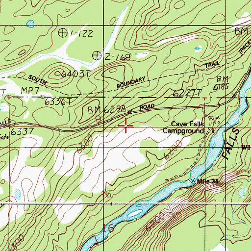 Topographic Map of Cave Falls Campground, WY