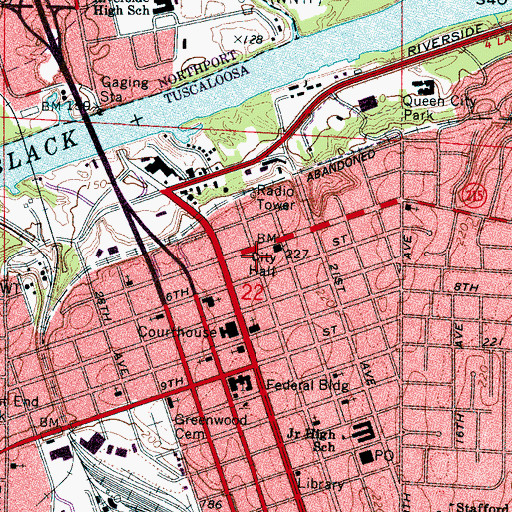 Topographic Map of Downtown Tuscaloosa Historic District, AL