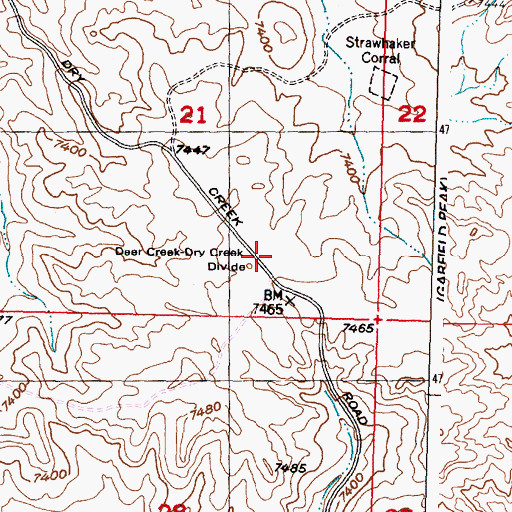 Topographic Map of Deer Creek-Dry Creek Divide, WY