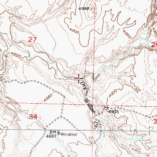 Topographic Map of Dry Willow Creek, WY