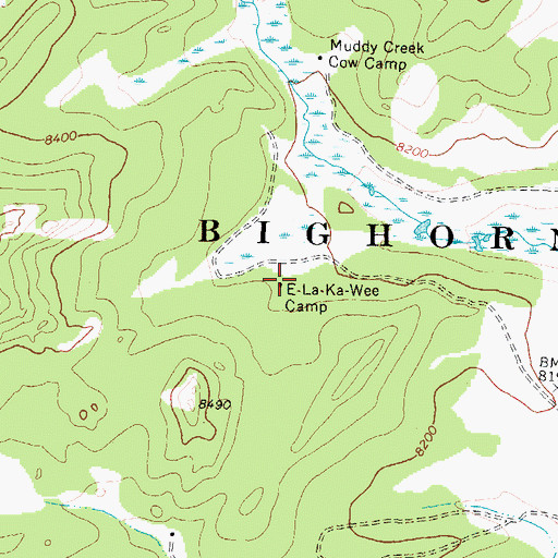 Topographic Map of E-la-ka-wee Camp, WY