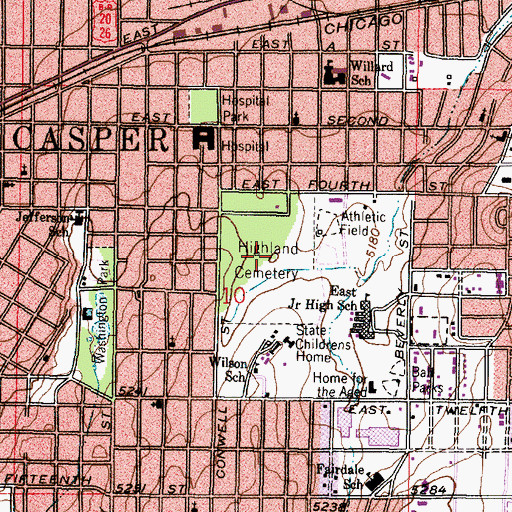 Topographic Map of Highland Cemetery, WY