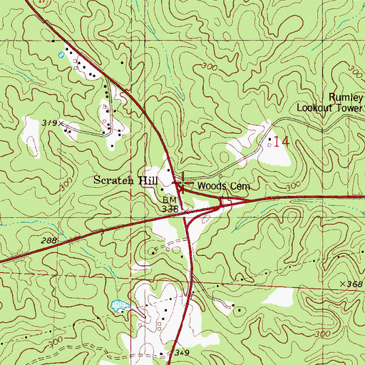 Topographic Map of Woods Cemetery, AL