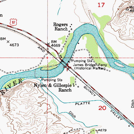 Topographic Map of James Bridger Ferry, WY
