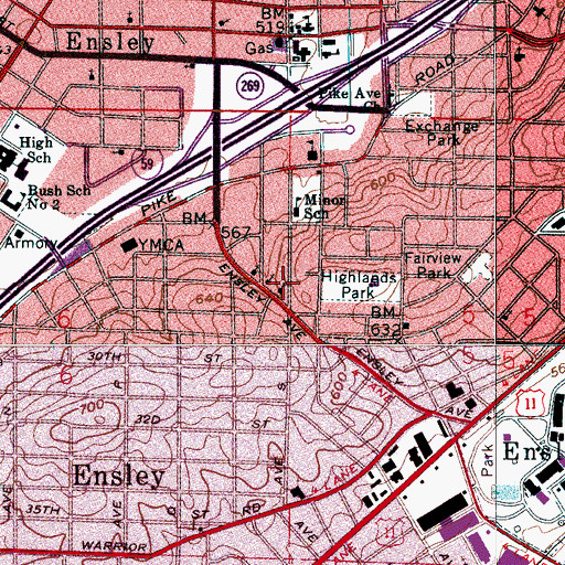 Topographic Map of Ensley Highland United Methodist Church, AL