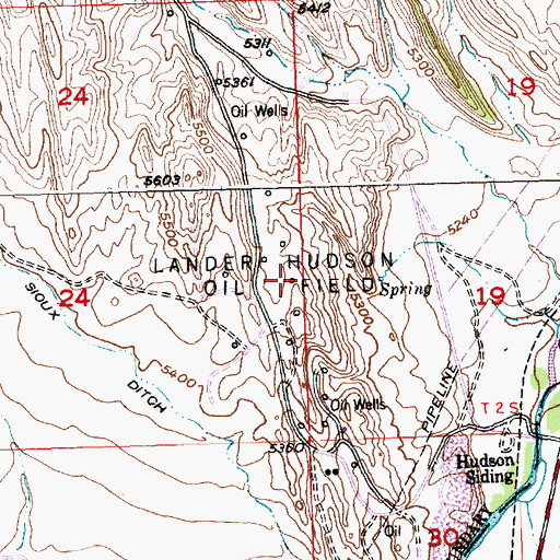 Topographic Map of Lander Hudson Oil Field, WY