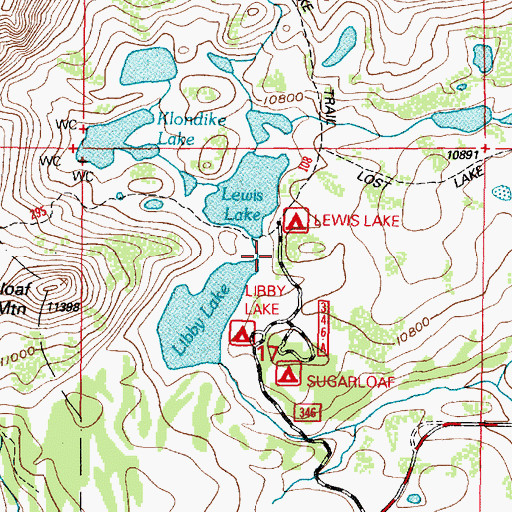 Topographic Map of Lewis Lake Campground, WY