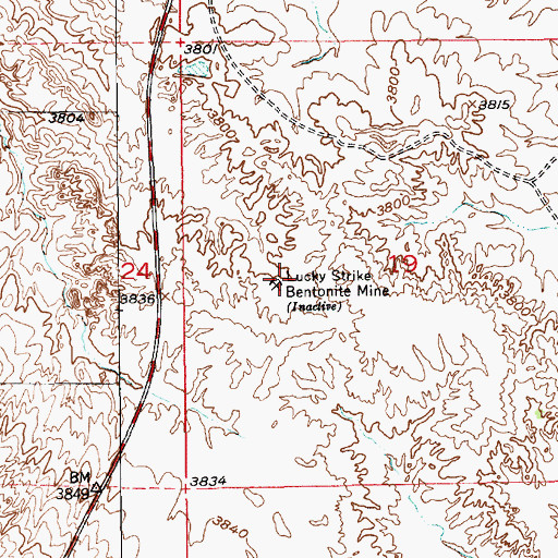 Topographic Map of Lucky Strike Bentonite Mine, WY