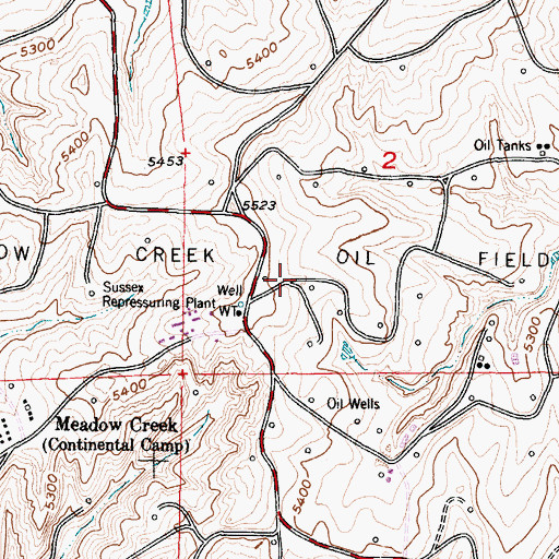 Topographic Map of Meadow Creek Oil Field, WY