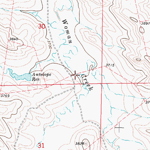 Topographic Map of Middle Prong Hanging Woman Creek, WY