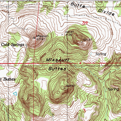 Topographic Map of Missouri Buttes, WY