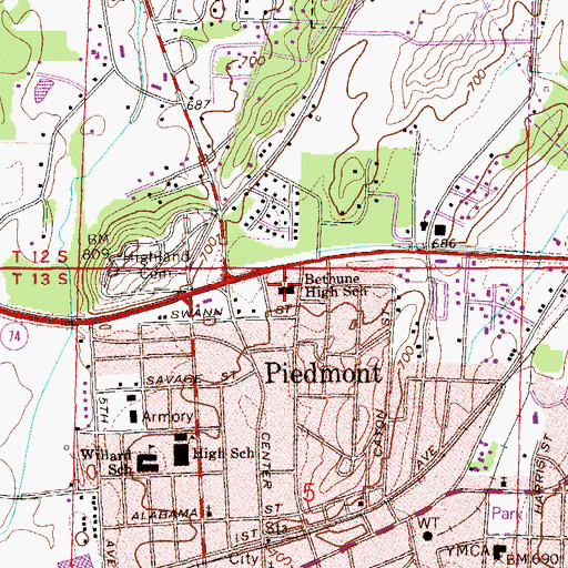 Topographic Map of Bethune High School, AL