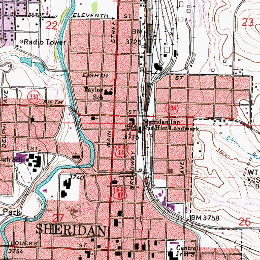 Topographic Map of Sheridan Inn National Historical Landmark, WY