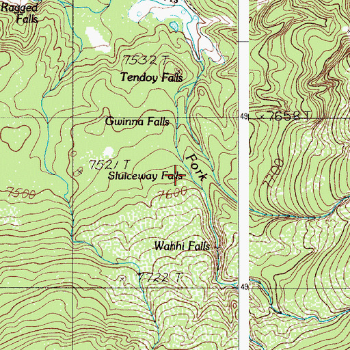 Topographic Map of Sluiceway Falls, WY