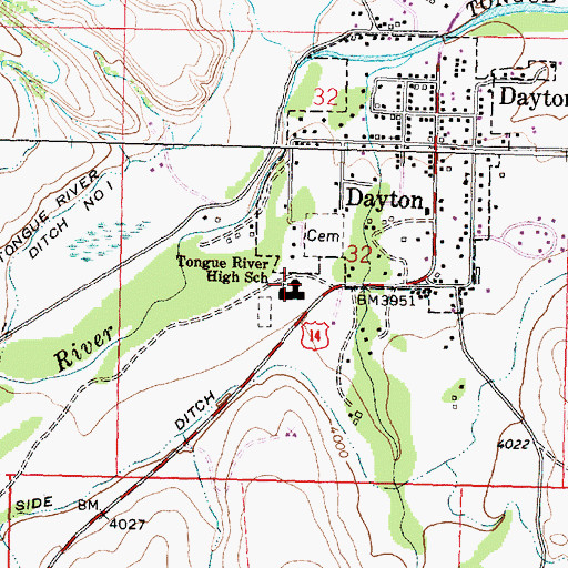 Topographic Map of Tongue River High School, WY