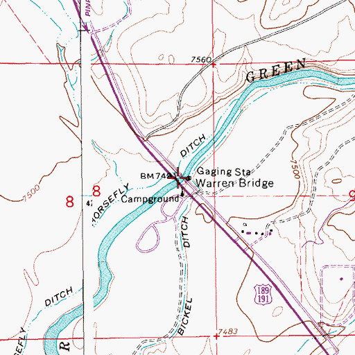 Topographic Map of Warren Bridge, WY
