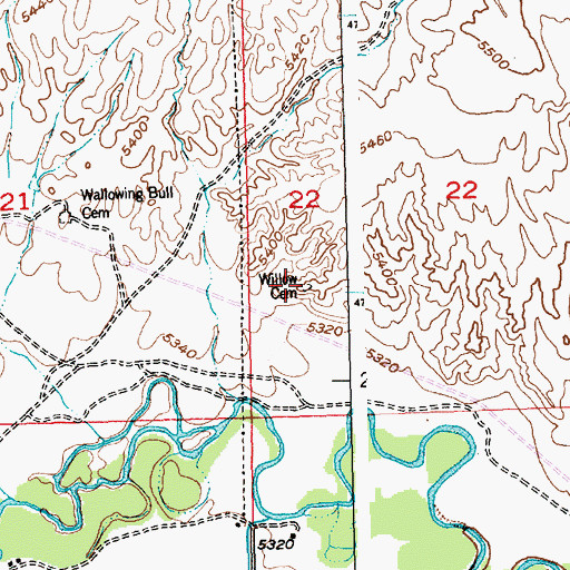 Topographic Map of Willow Cemetery, WY