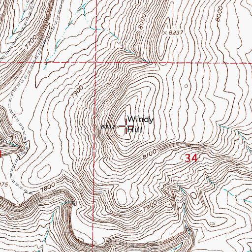 Topographic Map of Windy Hill, WY