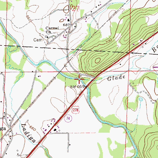 Topographic Map of Glade Branch, AL