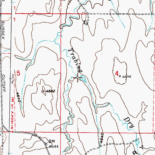 Topographic Map of Middle Fork Trabing Dry Creek, WY