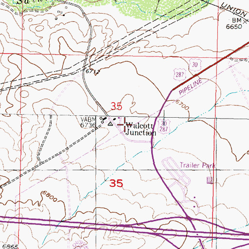 Topographic Map of Walcott Junction, WY