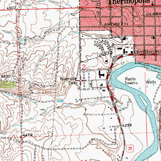 Topographic Map of Riverside Cemetery, WY