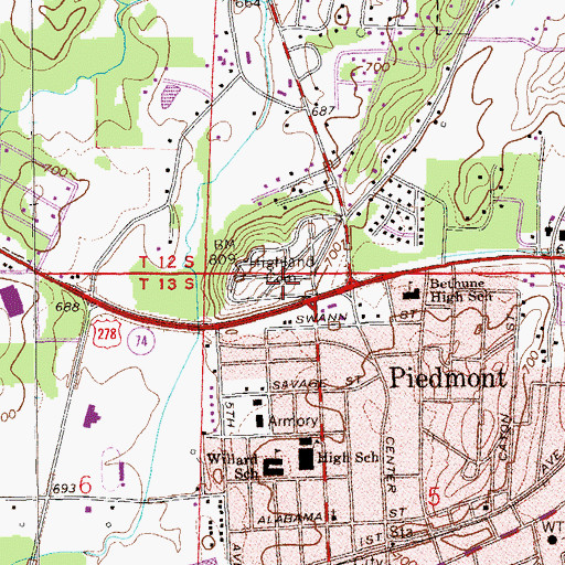 Topographic Map of Highland Cemetery, AL