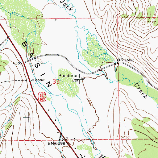 Topographic Map of Bondurant Cemetery, WY