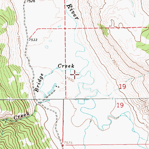 Topographic Map of Bridge Creek, WY