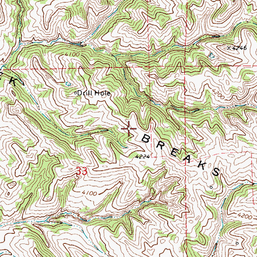 Topographic Map of Mitchell Creek Breaks, WY