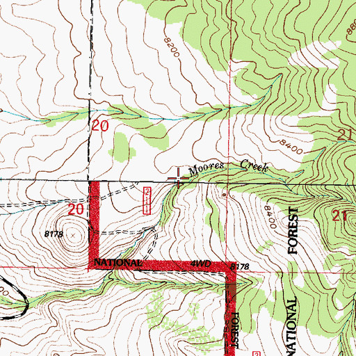 Topographic Map of Moores Creek, WY