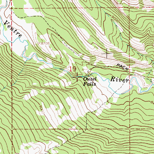 Topographic Map of Ouzel Falls, WY