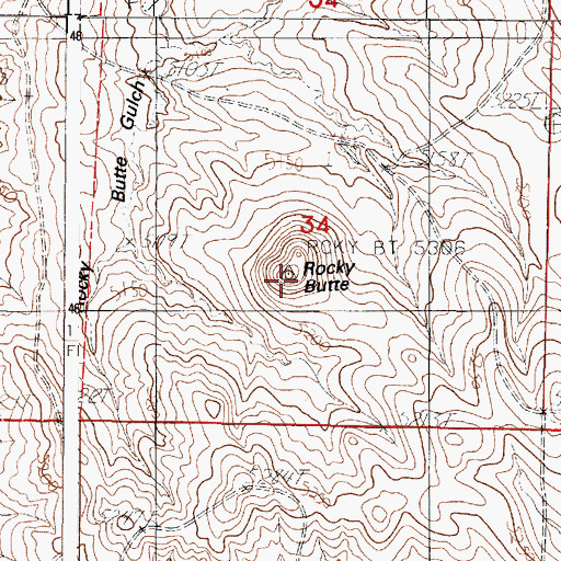 Topographic Map of Rocky Butte, WY