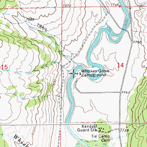 Topographic Map of Whiskey Grove Campground, WY