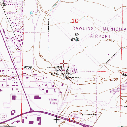 Topographic Map of Rawlins Municipal Airport/Harvey Field, WY