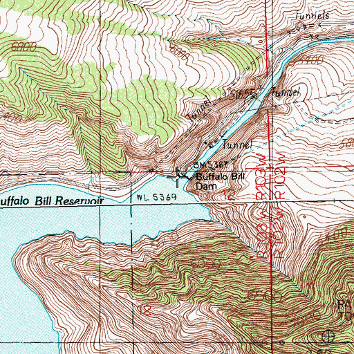 Topographic Map of Buffalo Bill Dam, WY
