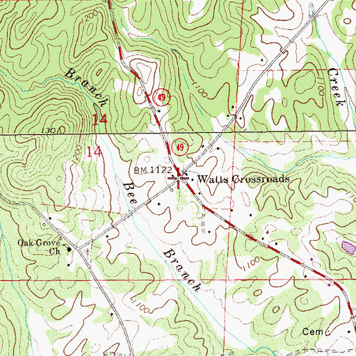 Topographic Map of Watts Crossroads, AL