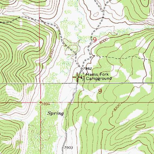 Topographic Map of Hams Fork Campground, WY