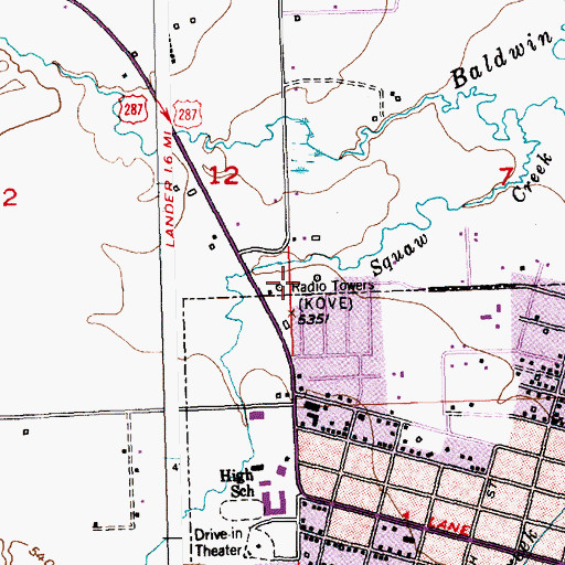 Topographic Map of KOVE-AM (Lander), WY