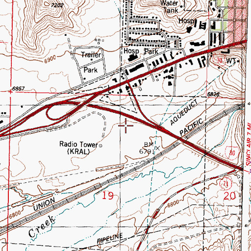 Topographic Map of KRAL-AM (Rawlins), WY