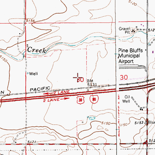 Topographic Map of Pine Bluffs Municipal Airport, WY