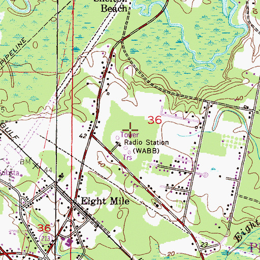 Topographic Map of WABB-AM (Mobile), AL