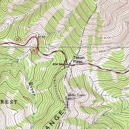 Topographic Map of Teton Pass, WY