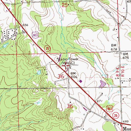 Topographic Map of WAGC-AM (Centre), AL