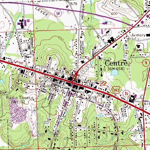 Topographic Map of WEIS-AM (Centre), AL