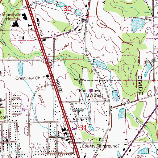 Topographic Map of WBSA-AM (Boaz), AL