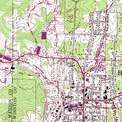 Topographic Map of WJBB-AM (Haleyville), AL